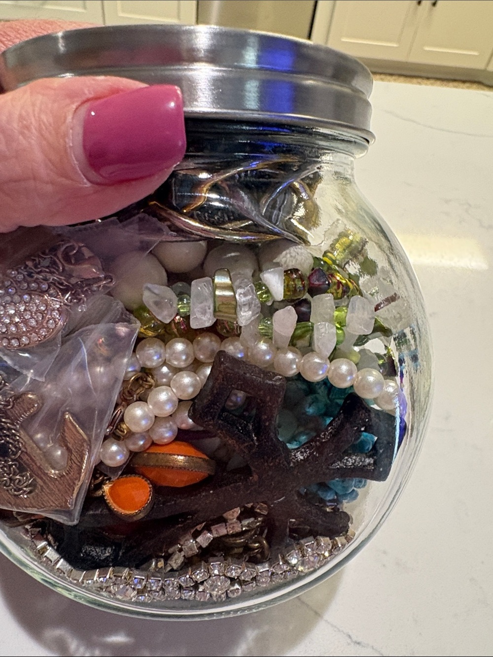 Mixed Costume Jewelry Jar - Pearls, Rhinestones & Colorful Beads H - Picture 5 of 7
